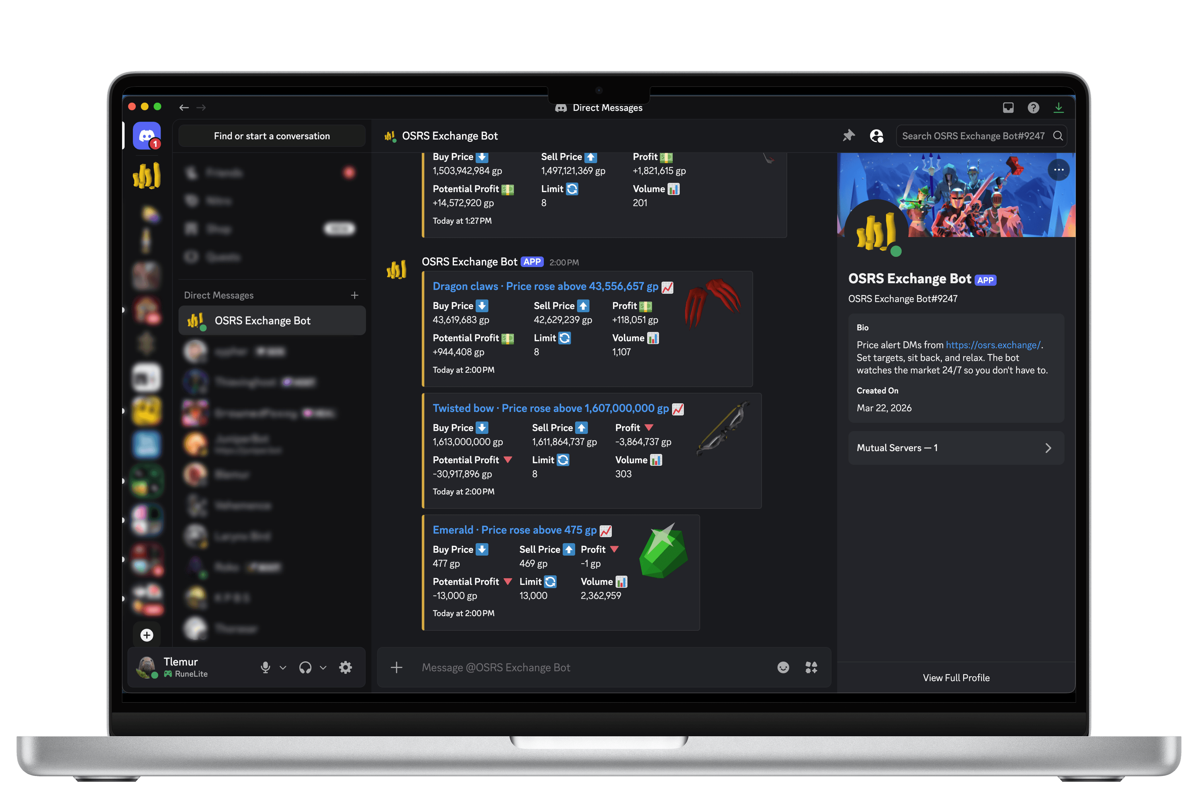 OSRS Exchange Discord price alerts displayed on a MacBook showing real-time buy and sell prices